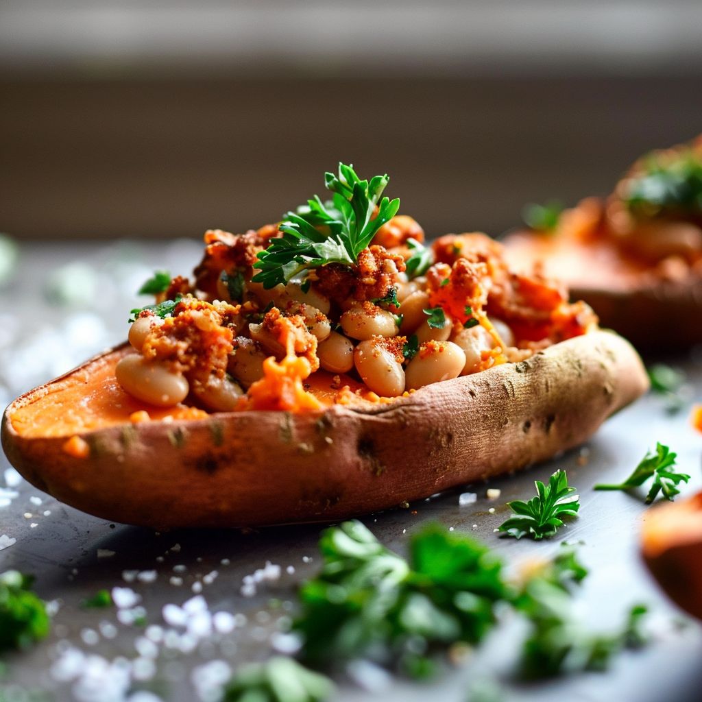 Close-up of a roasted sweet potato topped with butter beans, garnished with parsley.