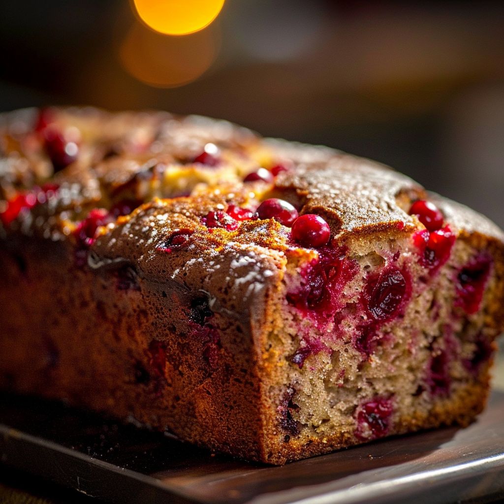 A close-up of a freshly baked Cranberry Bread with a golden-brown crust and visible cranberries.