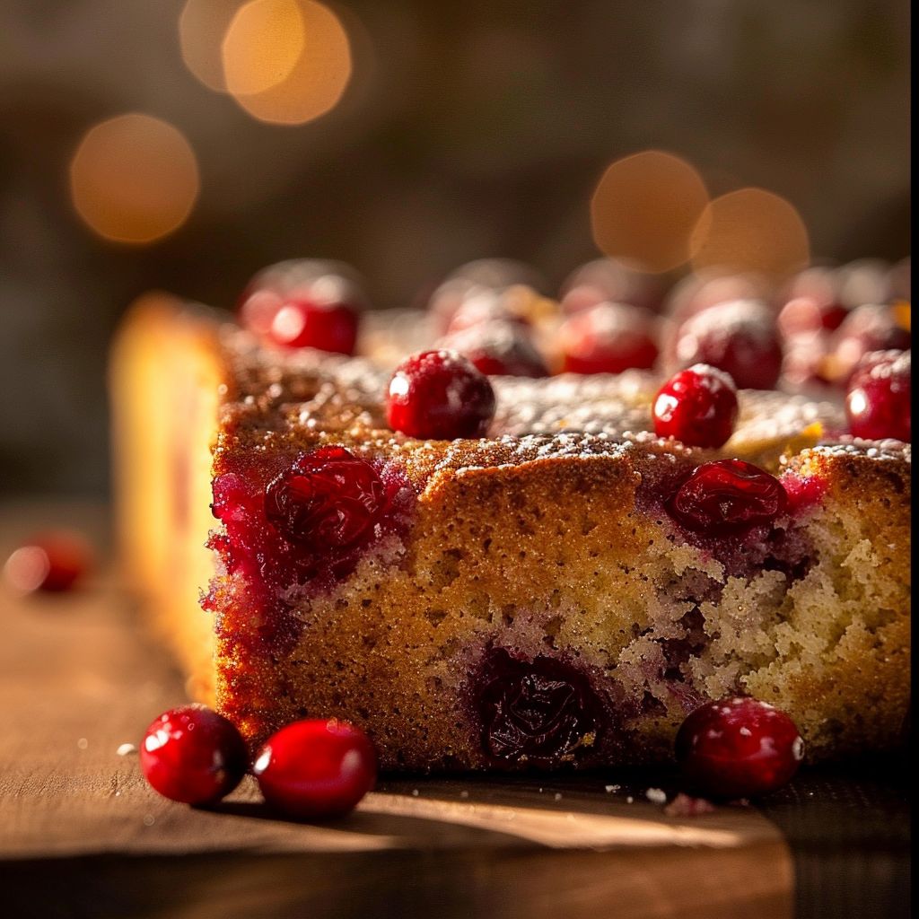 Close-up of a slice of Orange Cranberry Pound Cake with a moist texture and vibrant cranberries.