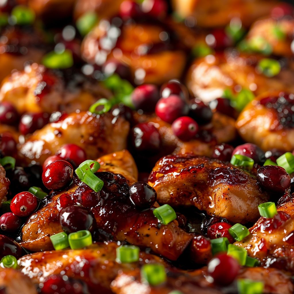 Close-up view of mouthwatering cranberry orange chicken, garnished with green onions.