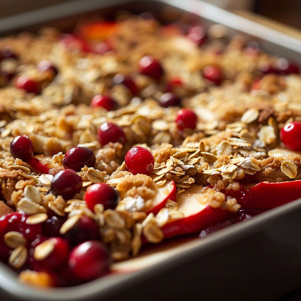 Close-up view of a freshly baked cranberry apple crisp with a golden brown topping.