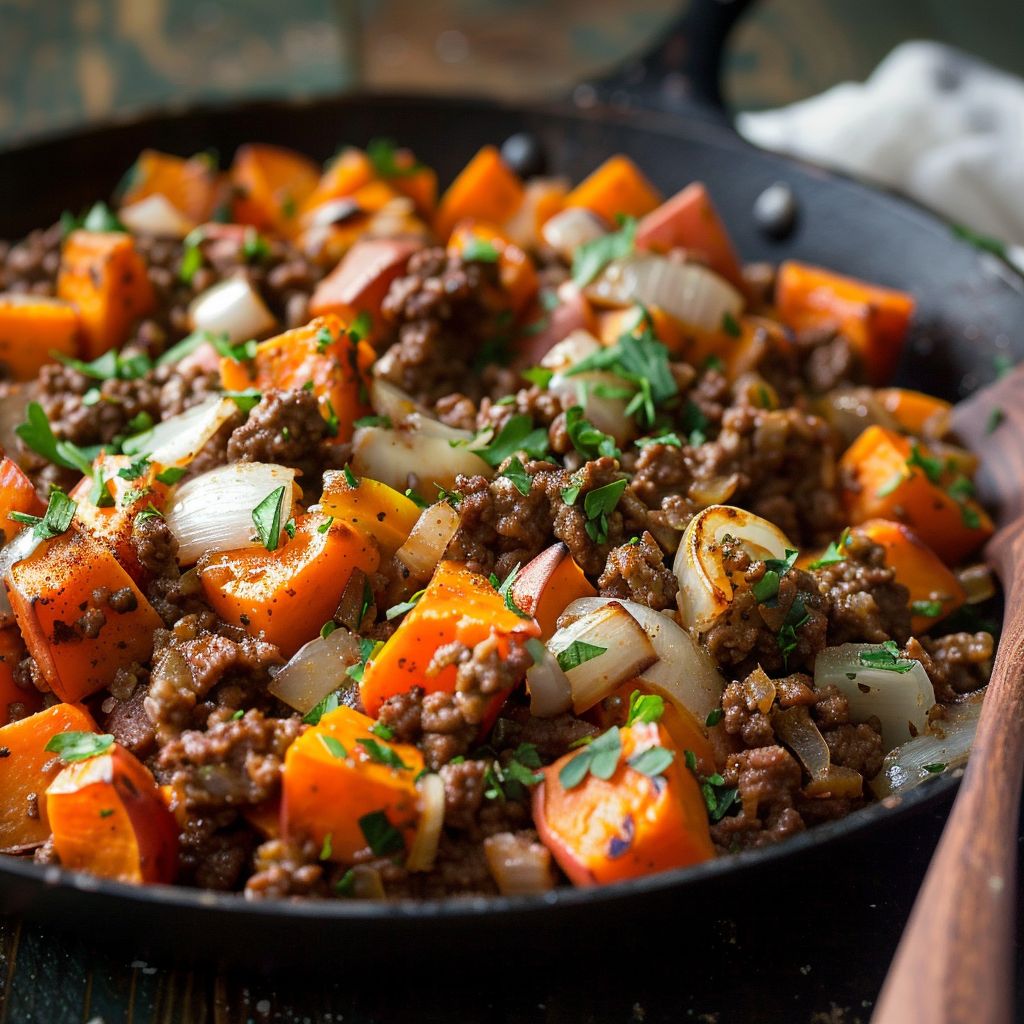 Close-up of a ground beef and sweet potato skillet with vibrant colors and textures.