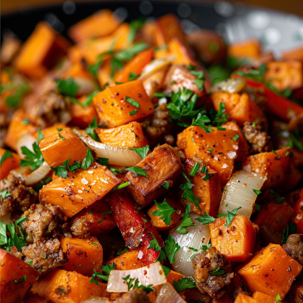 Close-up shot of a savory sweet potato hash featuring diced sweet potatoes, red bell pepper, onions, and garlic, garnished with fresh parsley.