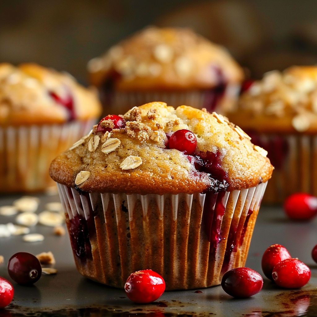 Close-up of freshly baked cranberry orange muffins with a golden streusel topping, warm and inviting.
