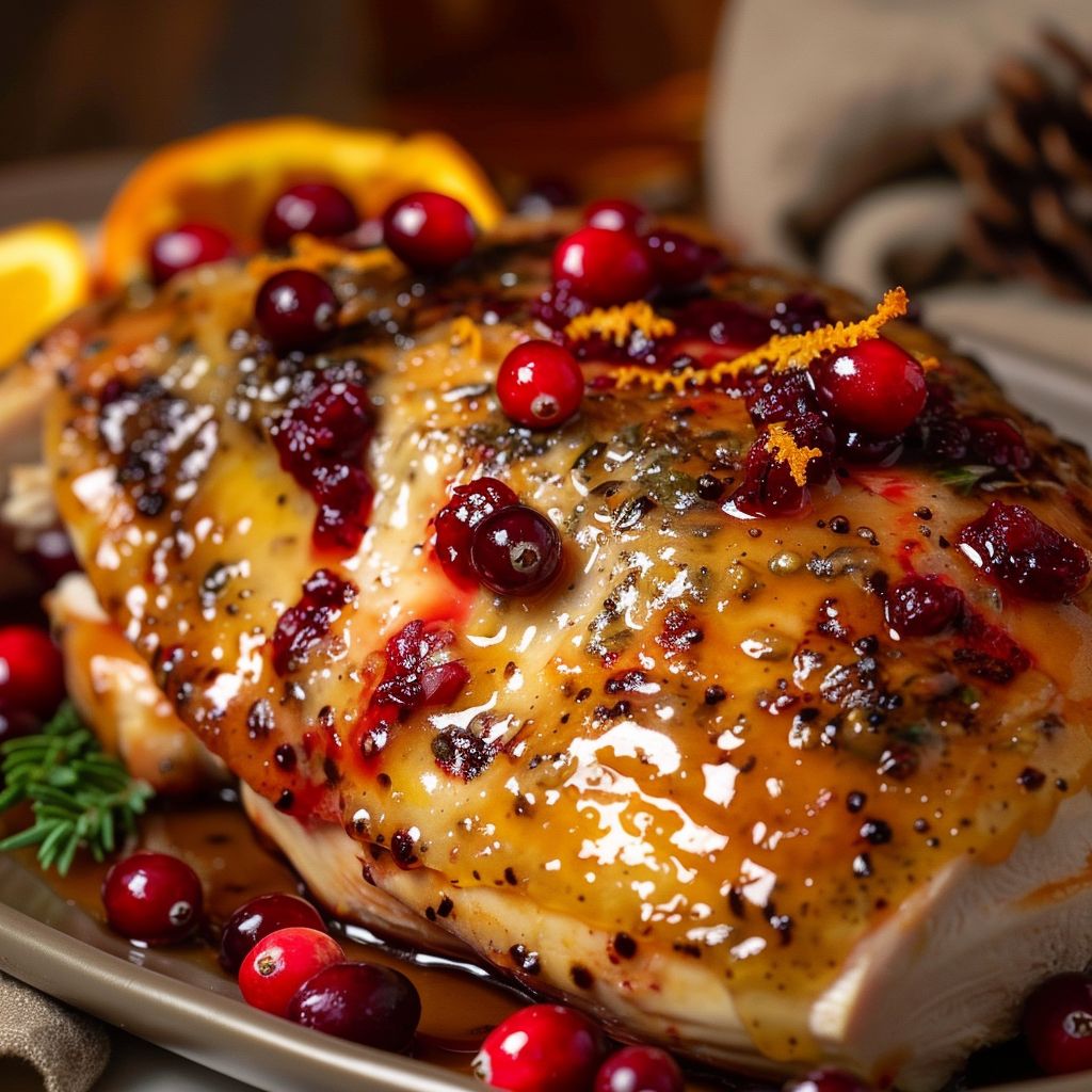 A beautifully glazed turkey breast with cranberry and orange sauce, served on a wooden table.
