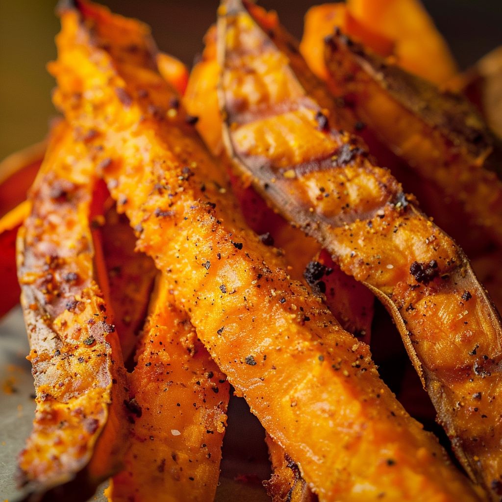 Close-up of crispy oven-baked sweet potato fries on a wooden surface, illuminated by warm natural light.