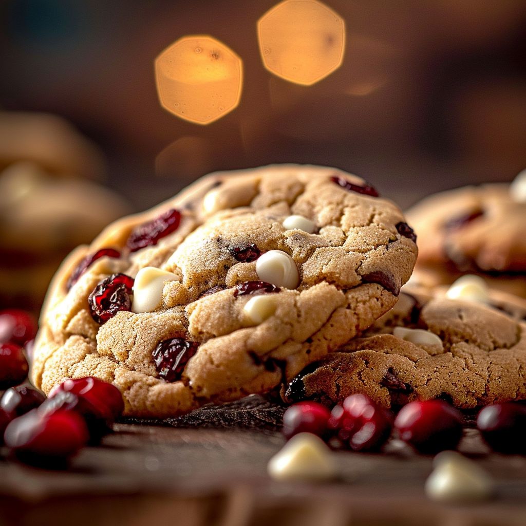 Close-up of a golden-brown White Chocolate Cranberry Cookie with visible white chocolate chips and cranberries.