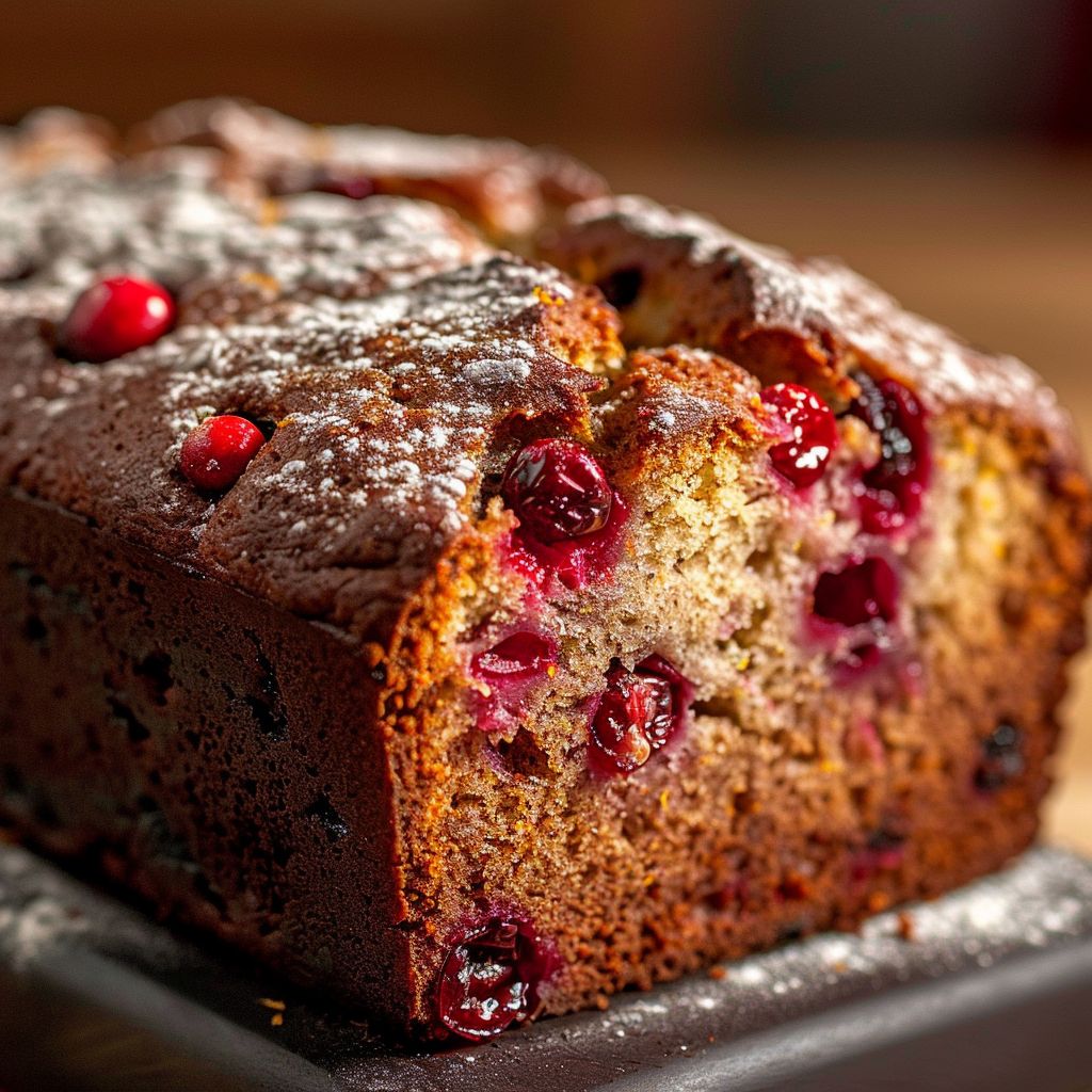Close-up of moist cranberry bread with fresh cranberries, showcasing its texture and warm tones.