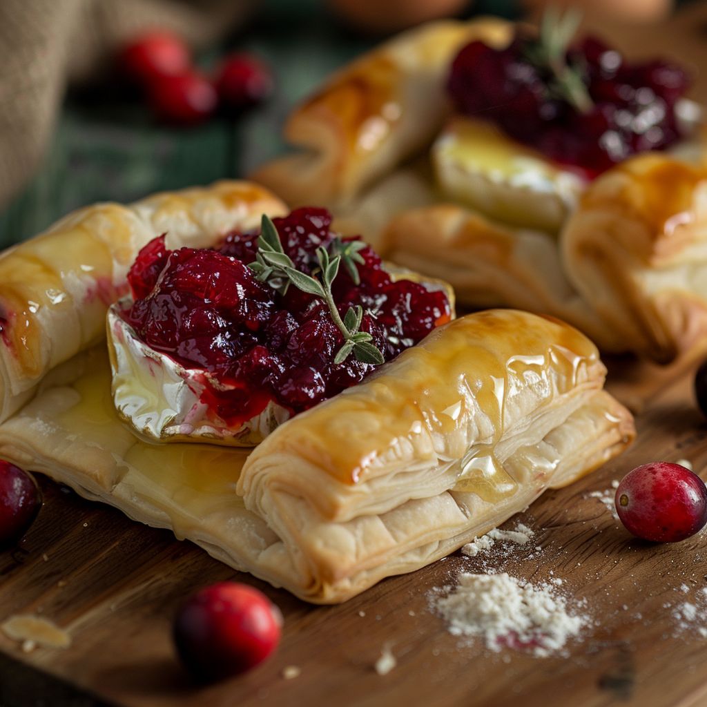 Close-up of golden-brown cranberry brie bites on a rustic wooden table.