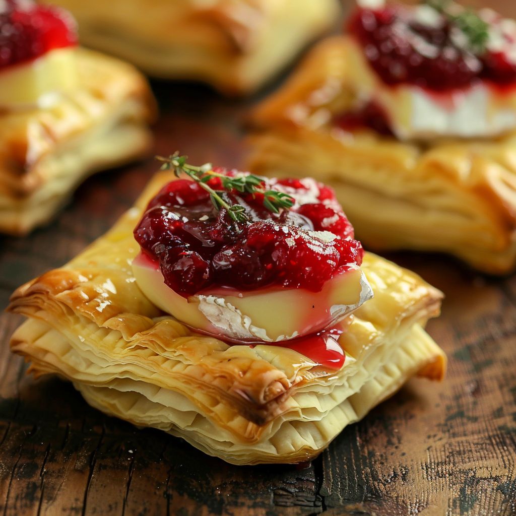 A close-up view of golden-brown cranberry brie bites on a wooden board.