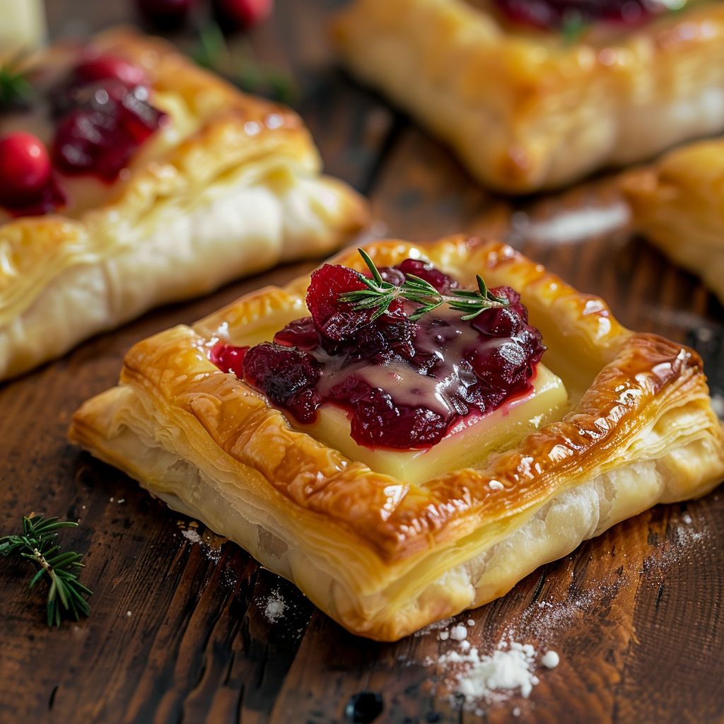 Close-up of Cranberry Brie Bites made with puff pastry, showing golden flaky layers and bright red cranberry sauce.