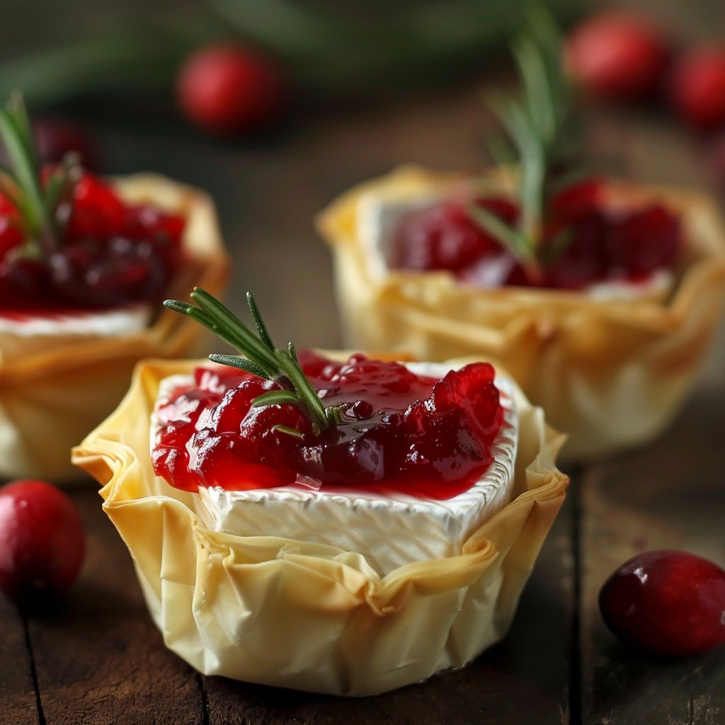 Close-up of Baked Cranberry Brie Bites in phyllo cups, garnished with rosemary.