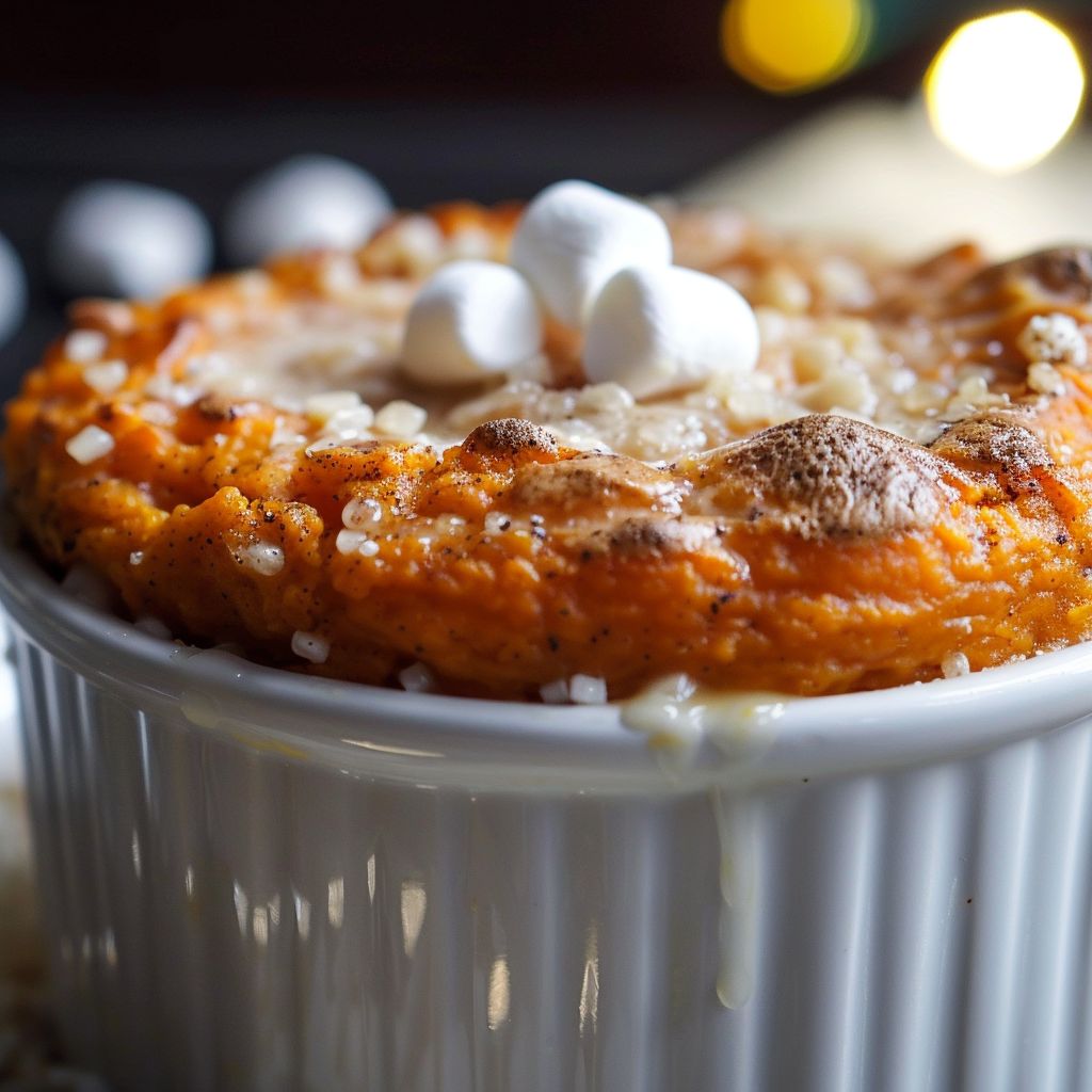 Close-up of a golden-brown Sweet Potato Souffle in a rustic dish with a creamy texture.