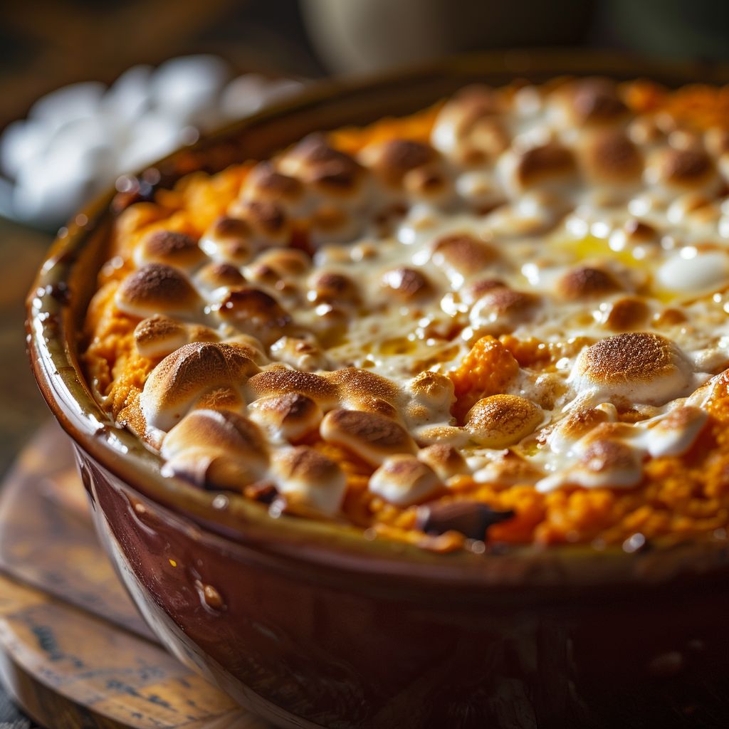 Close-up of a baked Sweet Potato Souffle with a golden-brown top and fluffy texture.