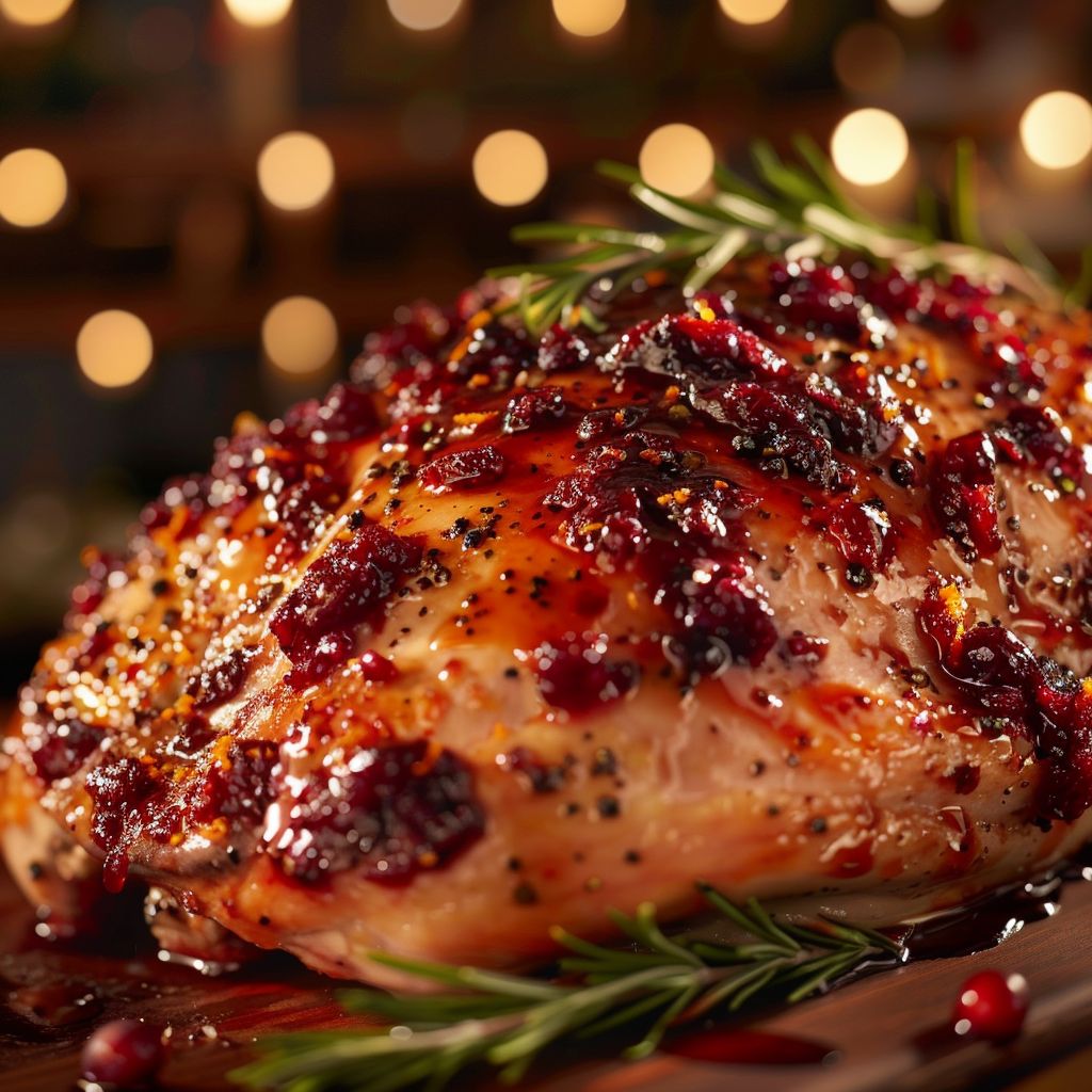 Close-up of a glazed turkey breast on a plate, featuring cranberry and orange sauce.