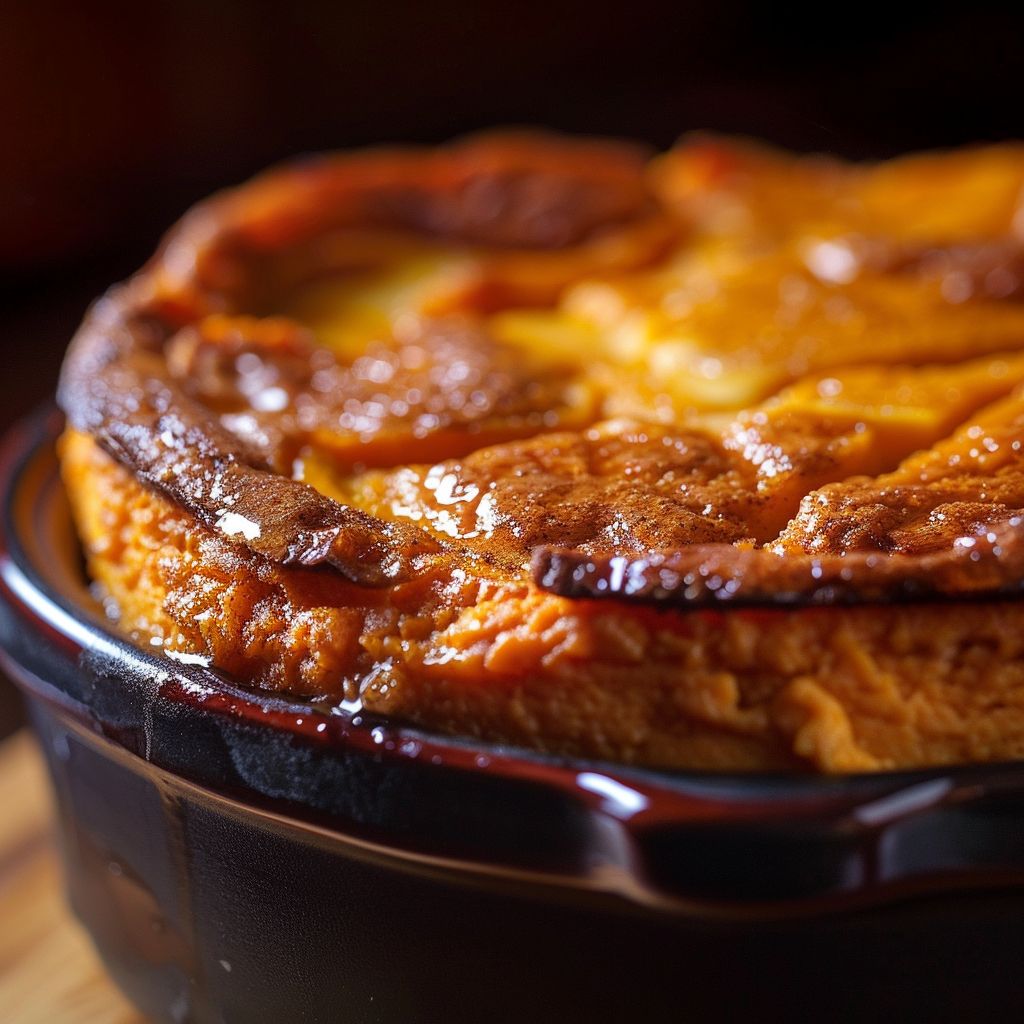 Close-up of a golden-brown sweet potato soufflé with a light and fluffy texture.