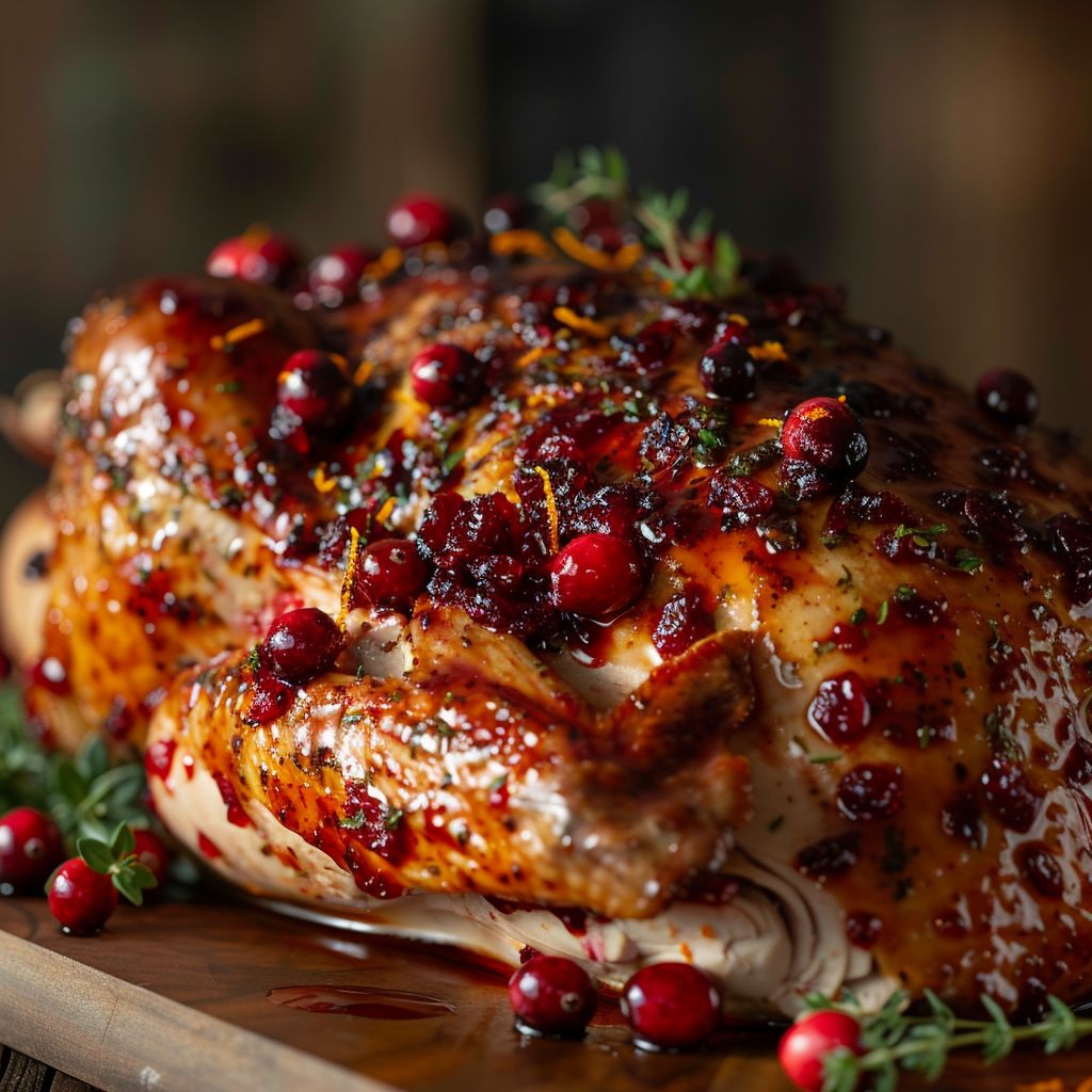 Close-up shot of a beautifully glazed turkey breast with cranberry and orange sauce.