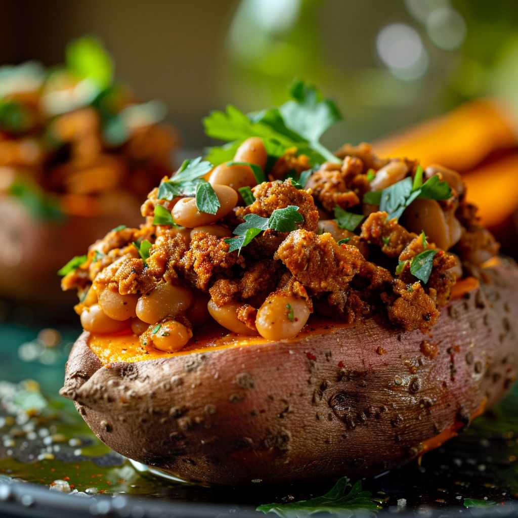 Close-up of a roasted sweet potato topped with butter beans, garnished with parsley.