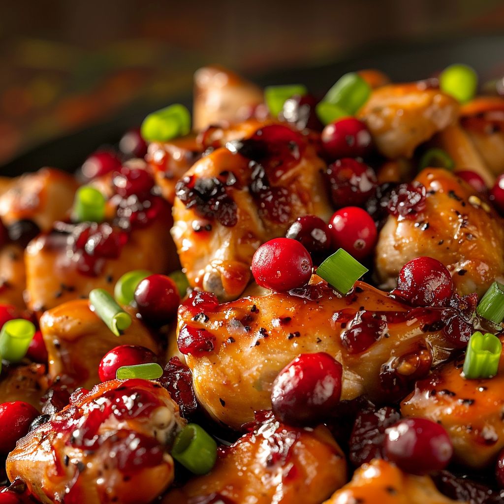 Close-up view of mouthwatering cranberry orange chicken, garnished with green onions.