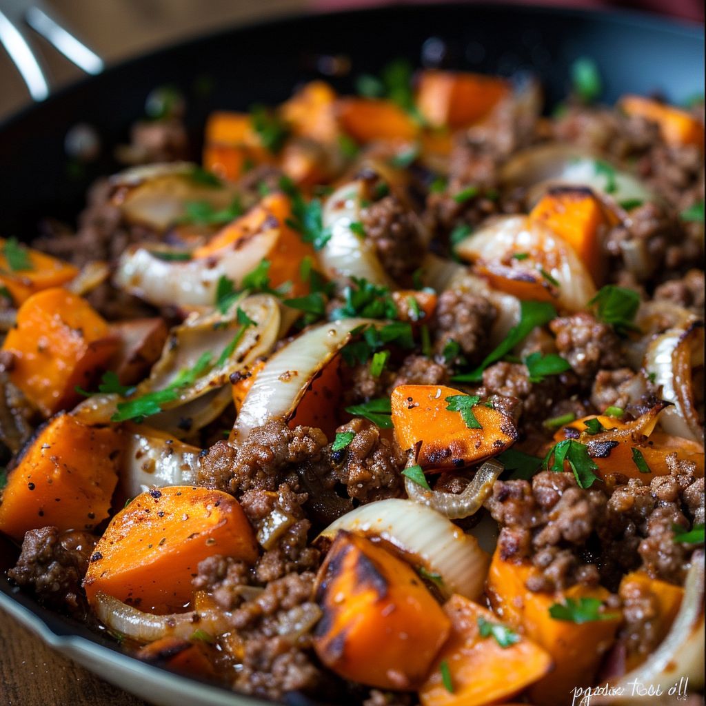Close-up of a ground beef and sweet potato skillet with vibrant colors and textures.