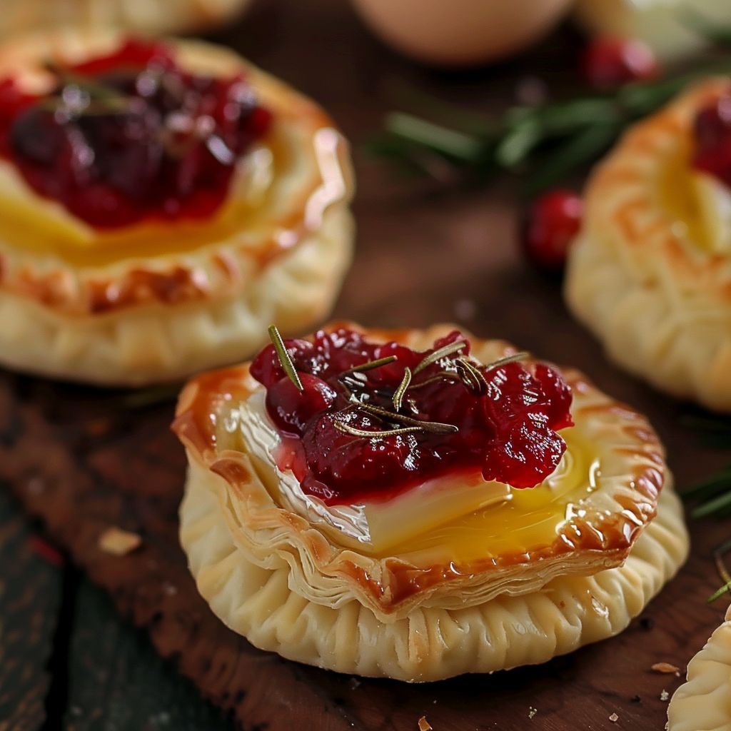 Close-up of golden-brown Cranberry Brie Bites topped with fresh rosemary.