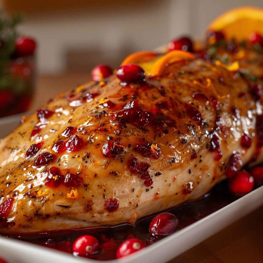 A beautifully glazed turkey breast with cranberry and orange sauce, served on a wooden table.