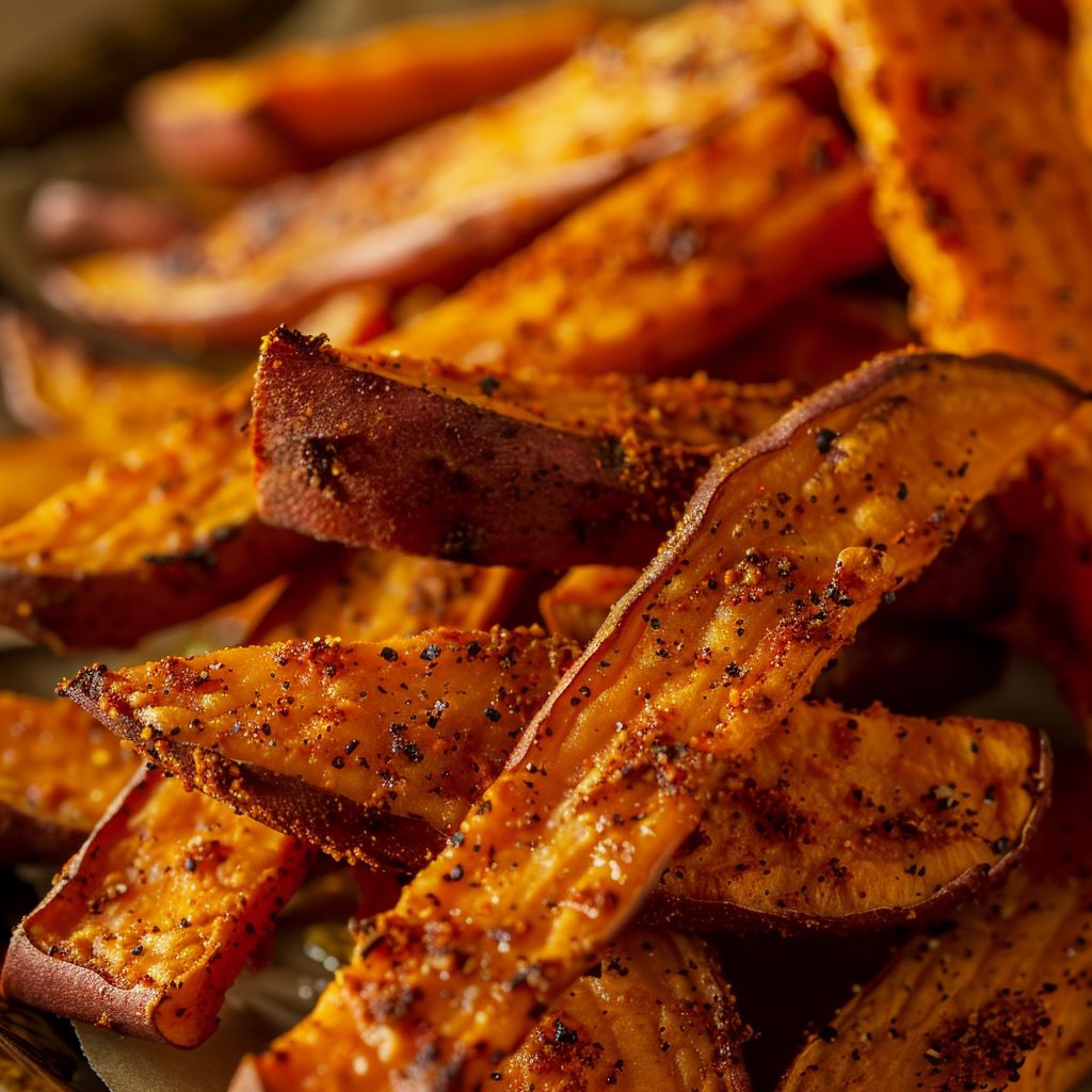 Close-up of crispy oven-baked sweet potato fries on a wooden surface, illuminated by warm natural light.