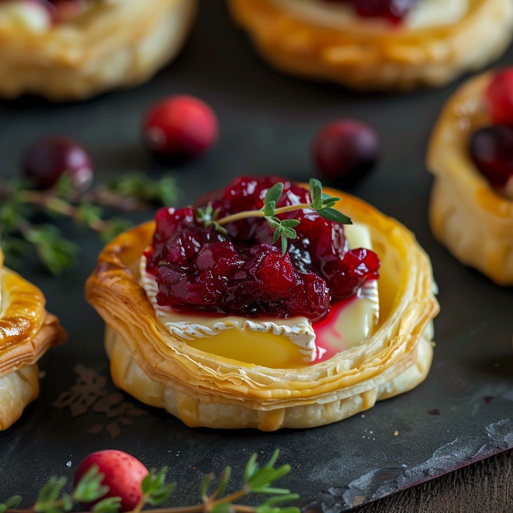 Close-up of golden-brown cranberry brie bites on a rustic wooden board.