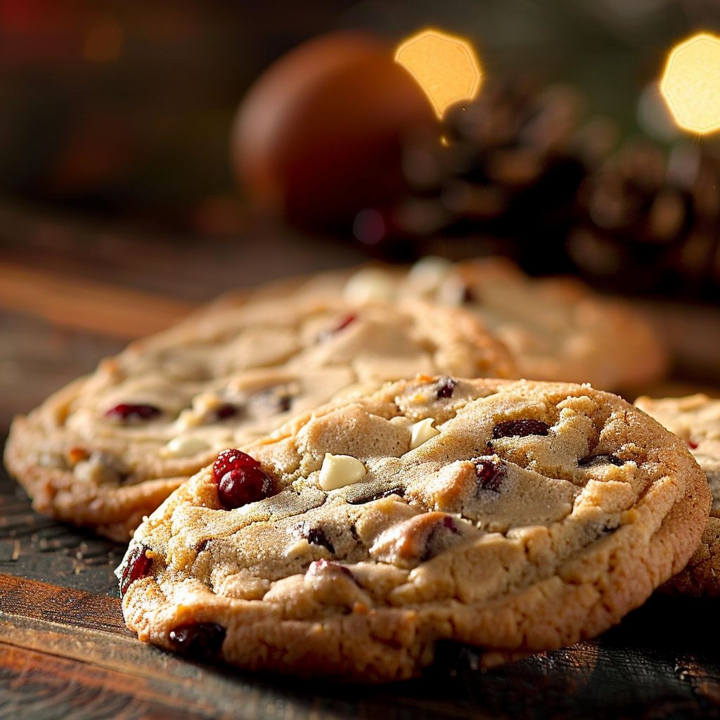Close-up of a golden-brown White Chocolate Cranberry Cookie with visible white chocolate chips and cranberries.