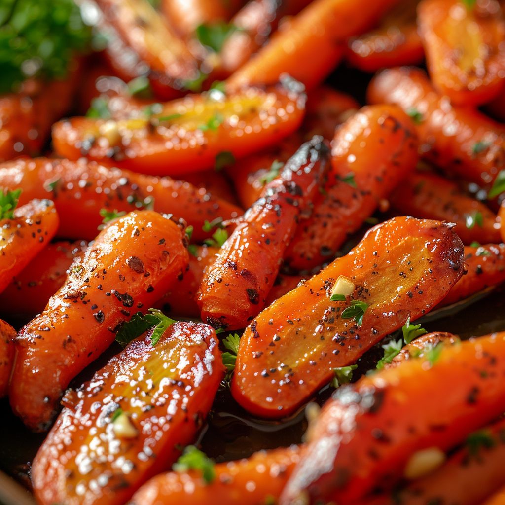 Close-up shot of honey garlic butter roasted carrots, showcasing their glossy finish and vibrant color.