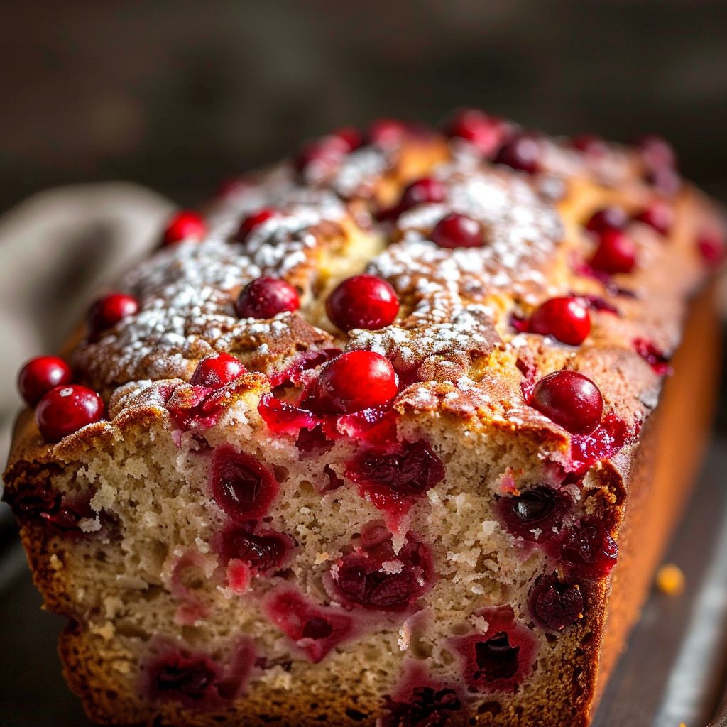 Close-up of moist cranberry bread with fresh cranberries, showcasing its texture and warm tones.
