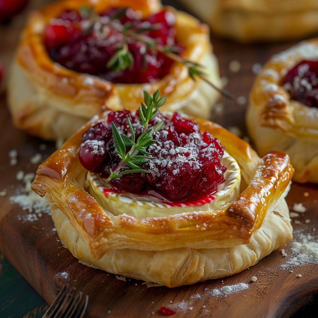 Close-up of golden-brown cranberry brie bites on a rustic wooden table.
