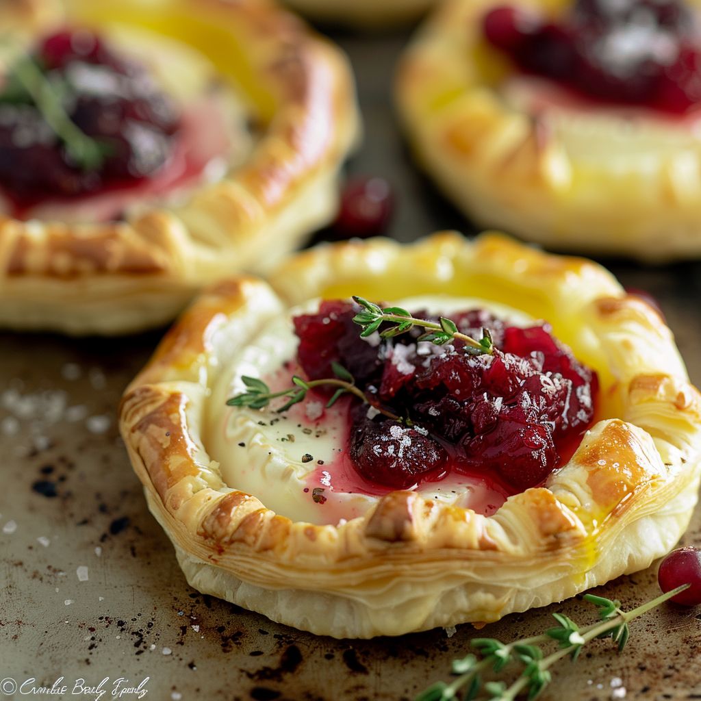 A close-up view of golden-brown cranberry brie bites on a wooden board.