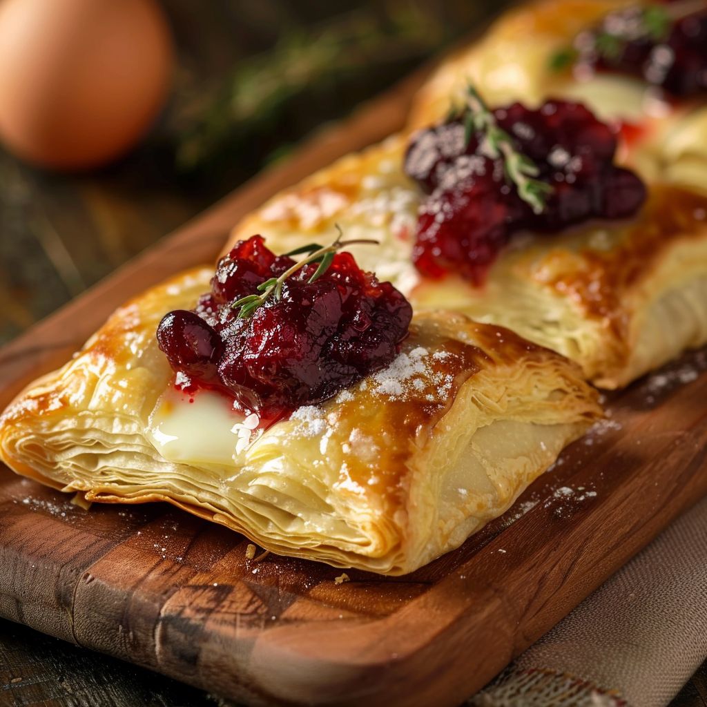 Close-up of Cranberry Brie Bites made with puff pastry, showing golden flaky layers and bright red cranberry sauce.