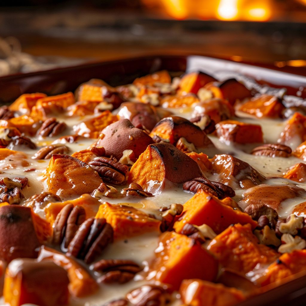 A close-up view of a Southern Maple Sweet Potato Casserole, showcasing its creamy texture and topped with pecans and marshmallows.