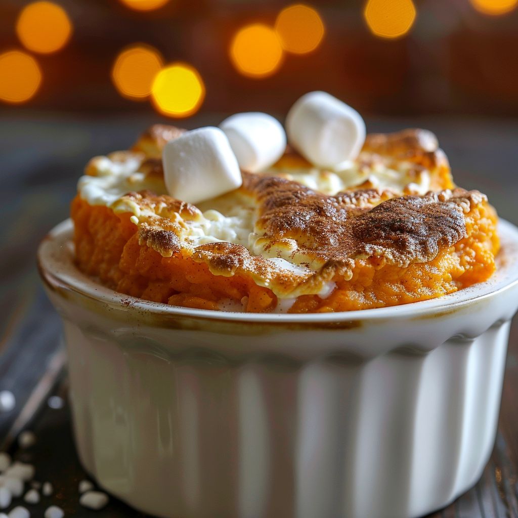 Close-up of a golden-brown Sweet Potato Souffle in a rustic dish with a creamy texture.
