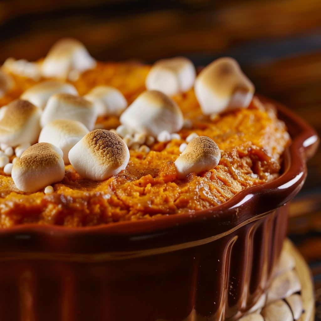 Close-up of a baked Sweet Potato Souffle with a golden-brown top and fluffy texture.