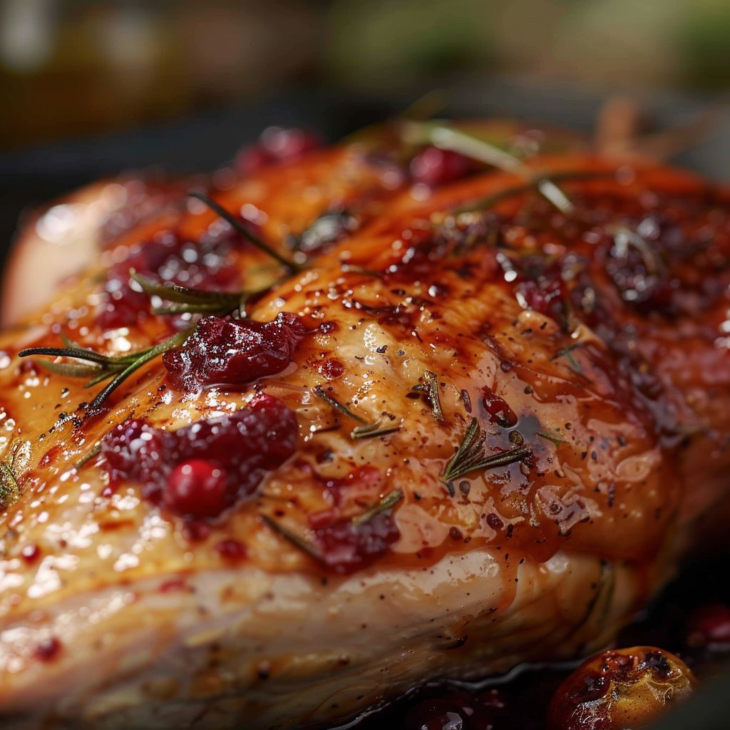 Close-up of a glazed turkey breast on a plate, featuring cranberry and orange sauce.