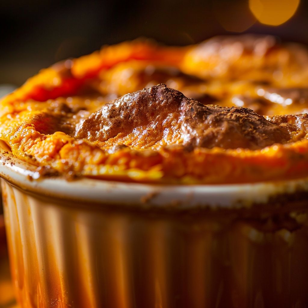Close-up of a golden-brown sweet potato soufflé with a light and fluffy texture.