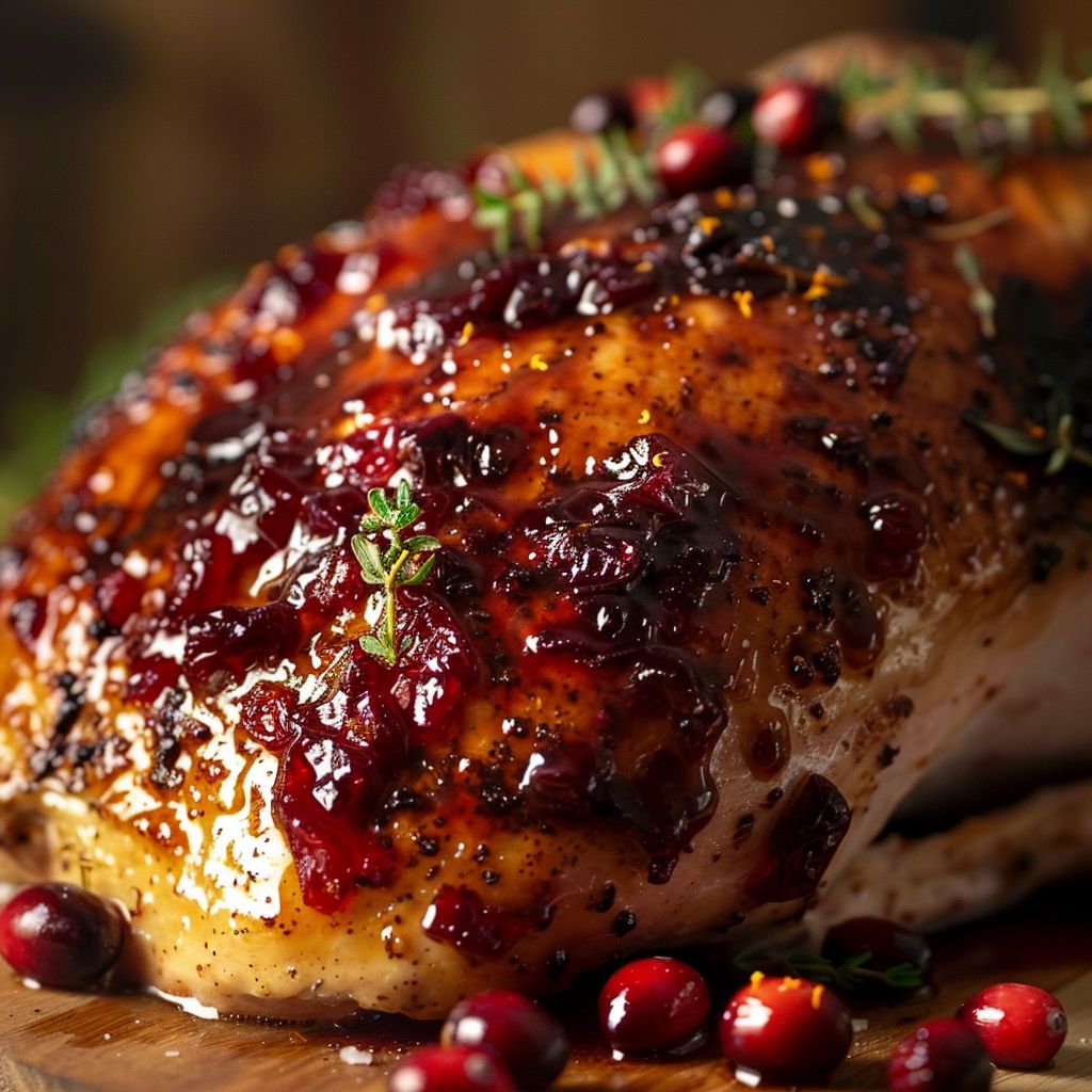 Close-up shot of a beautifully glazed turkey breast with cranberry and orange sauce.