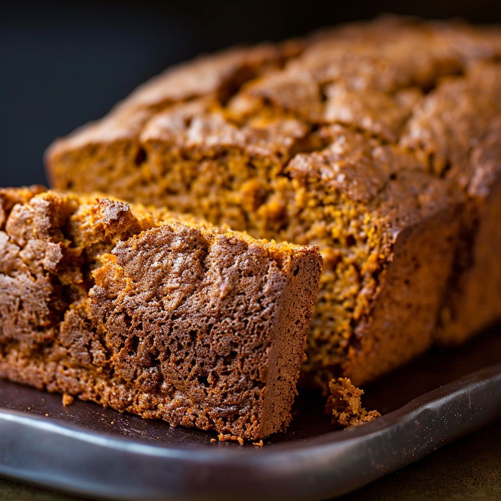 A slice of moist pumpkin bread on a wooden cutting board, showcasing its texture.