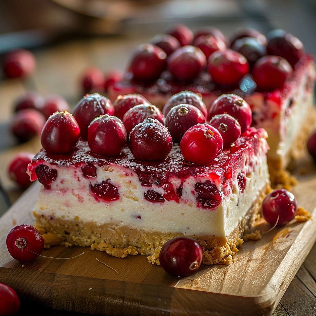 A vibrant display of various cranberry desserts, including tarts and cakes, arranged on a wooden table.