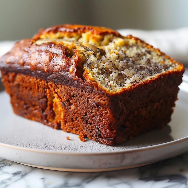 Close-up of a slice of gluten-free banana bread on a light grey ceramic plate.