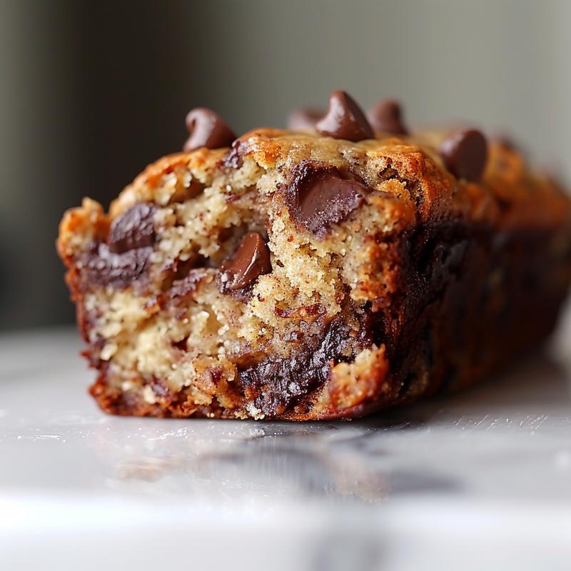 Close-up of a moist slice of chocolate chip banana bread on a white marble surface.