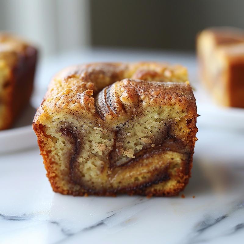 A close-up of a slice of cinnamon swirl banana bread on a white marble surface, showcasing its warm, swirled texture.