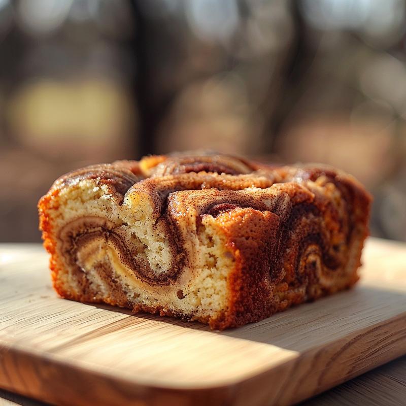 A close-up view of a slice of cinnamon swirl banana bread on a wooden board.