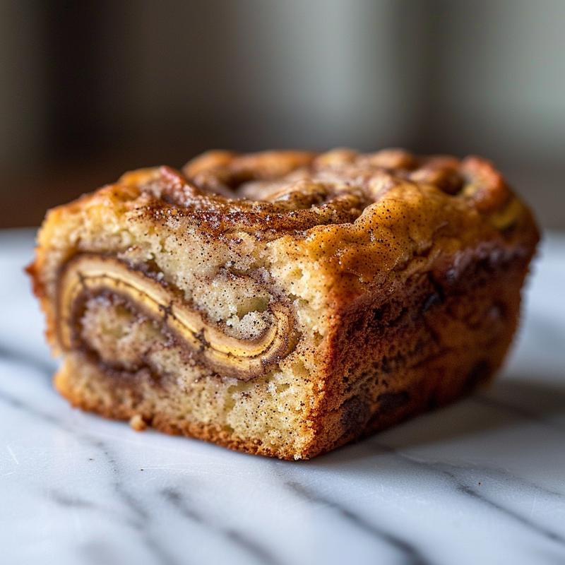 Close-up of a slice of cinnamon swirl banana bread on a white marble surface.