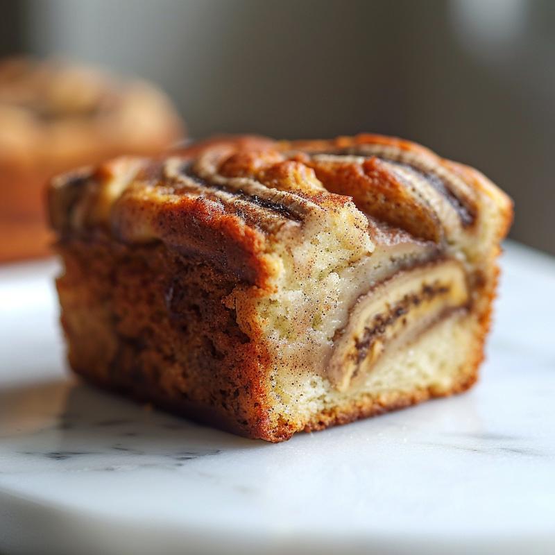 Close-up of a slice of cinnamon swirl banana bread on a white marble surface.