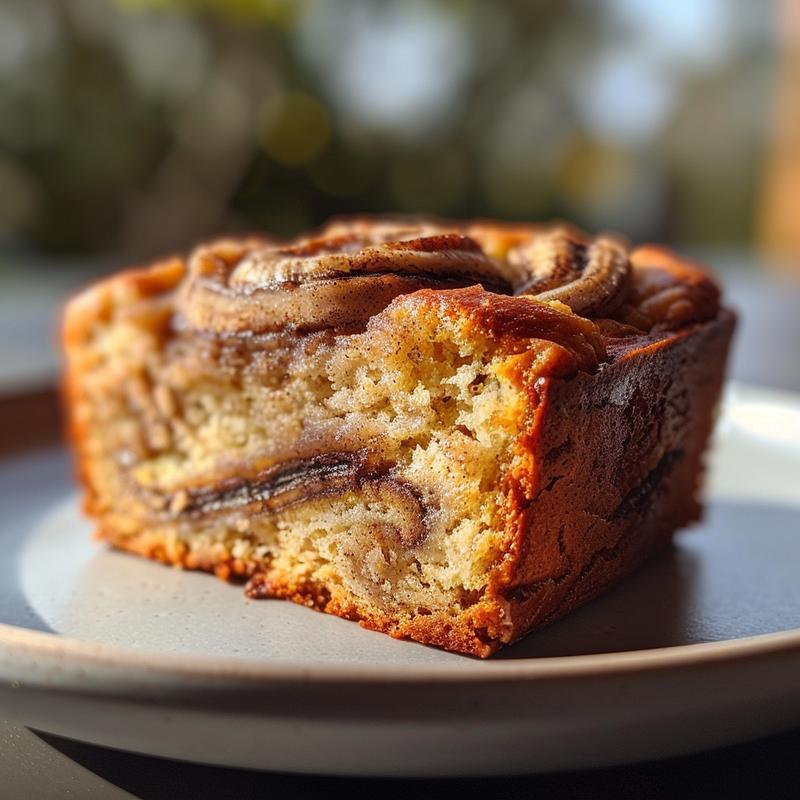 A close-up view of a slice of cinnamon swirl banana bread on a light grey ceramic plate.
