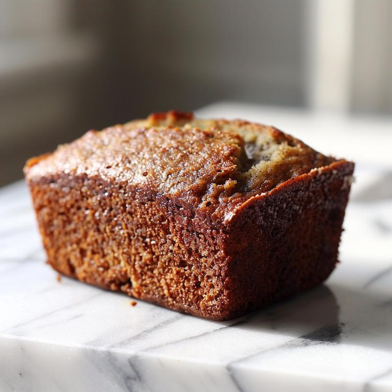 A slice of moist banana bread on a white marble surface with a soft focus background.